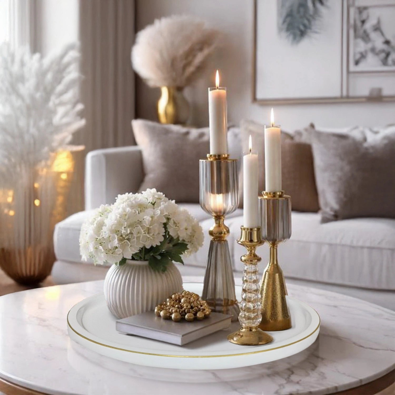 Eggshell White Round Decorative Tray with Gold Trim